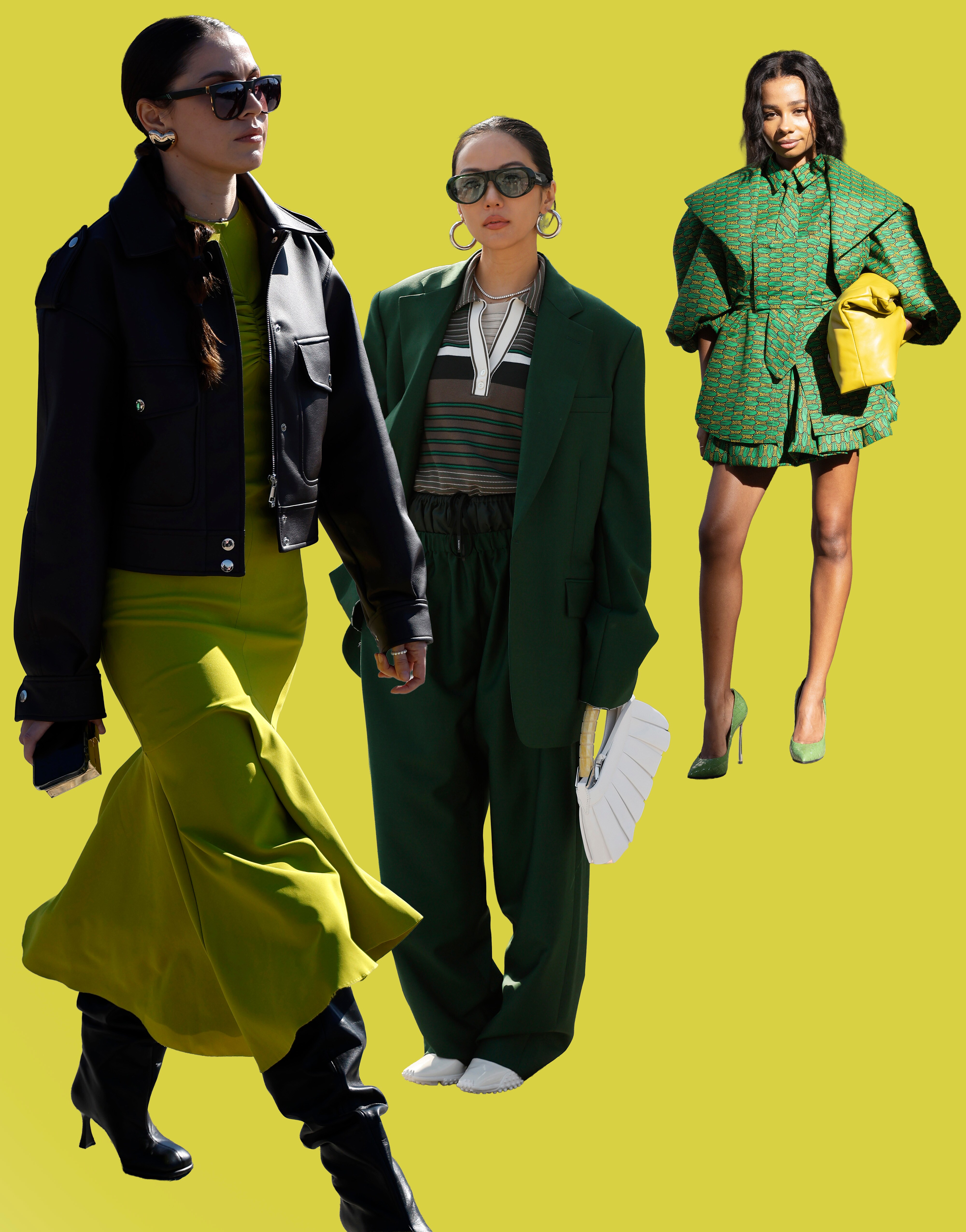 Collage of women wearing green at Paris Fashion Week 2026 | ASOS Style Feed