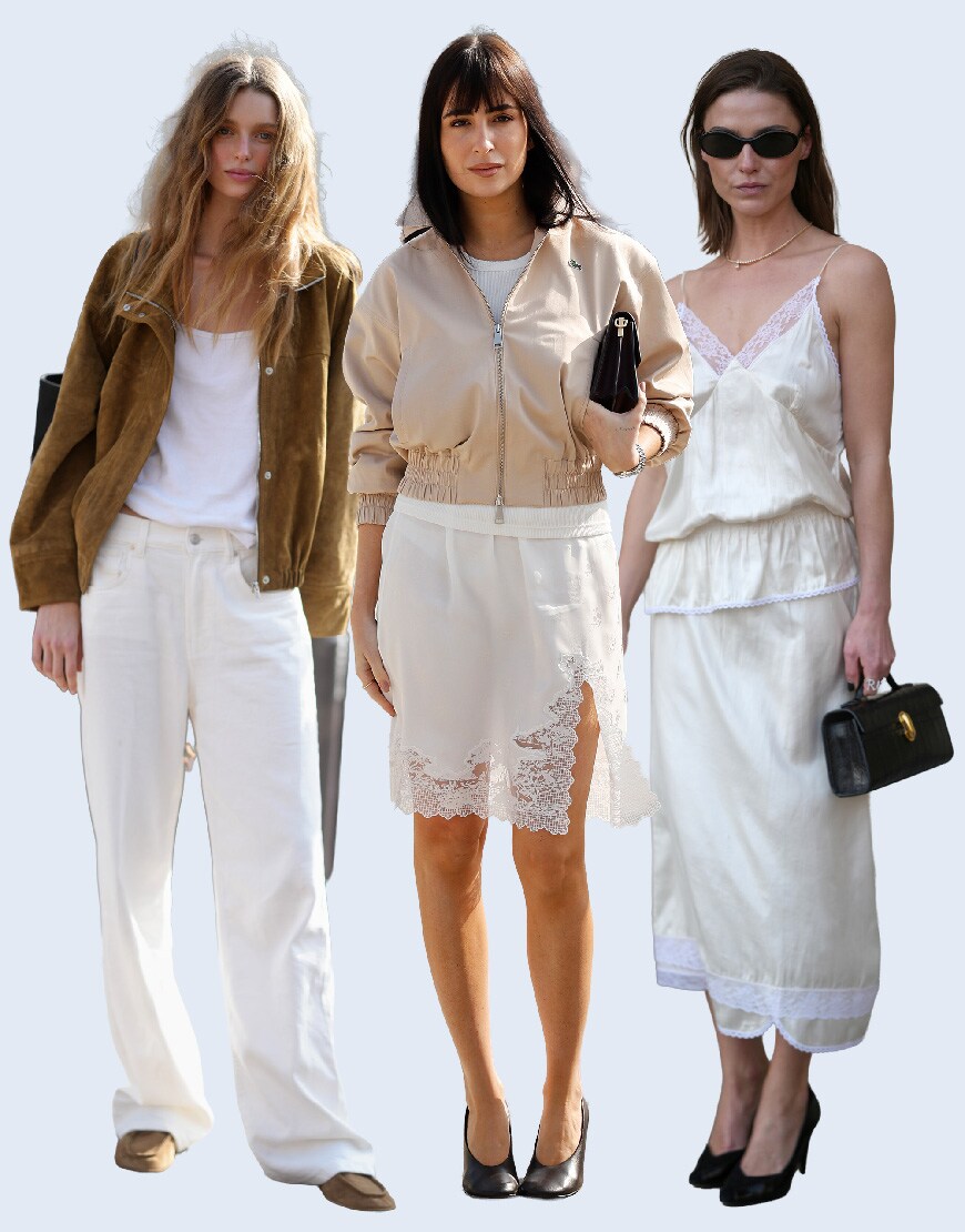Collage of women wearing white at Paris Fashion Week 2026 | ASOS Style Feed
