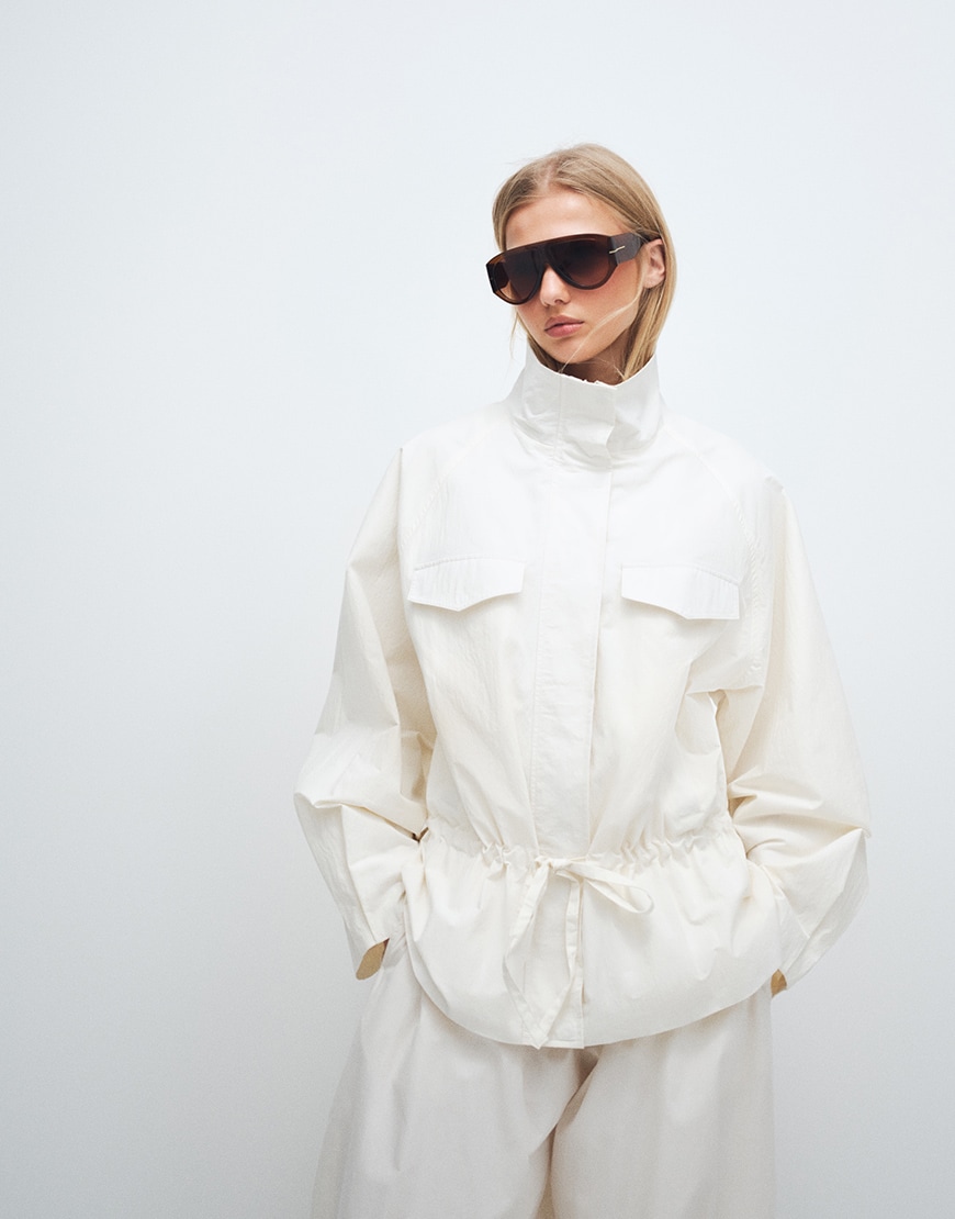 ASOS DESIGN drop waist cinched windbreaker jacket in off white | ASOS Style Feed
