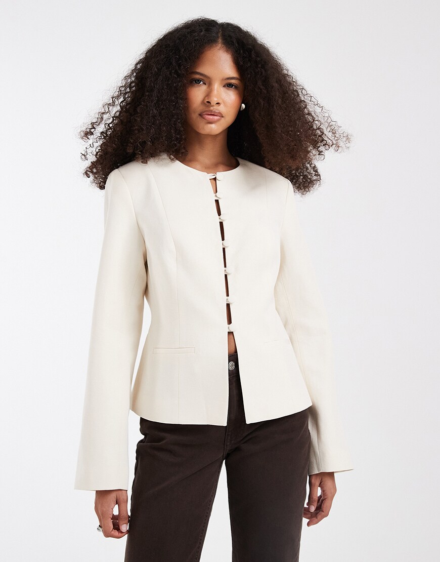 ASOS DESIGN button up linen fitted blazer in | ASOS Style Feed