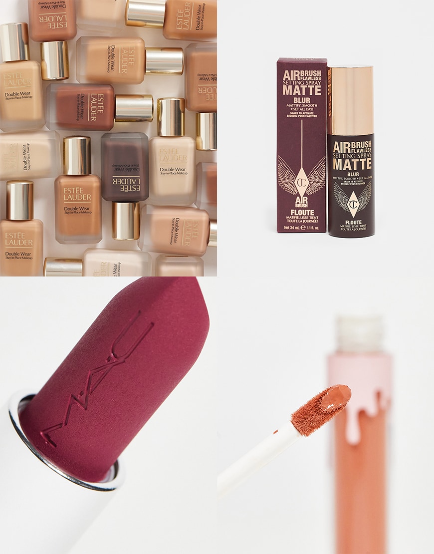 Collage of matte makeup products