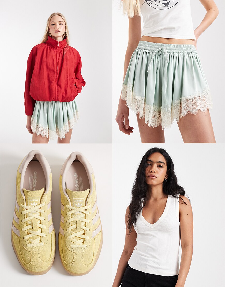 Red Jacket, Satin Shorts, Yellow Adidas Trainers, White Tank