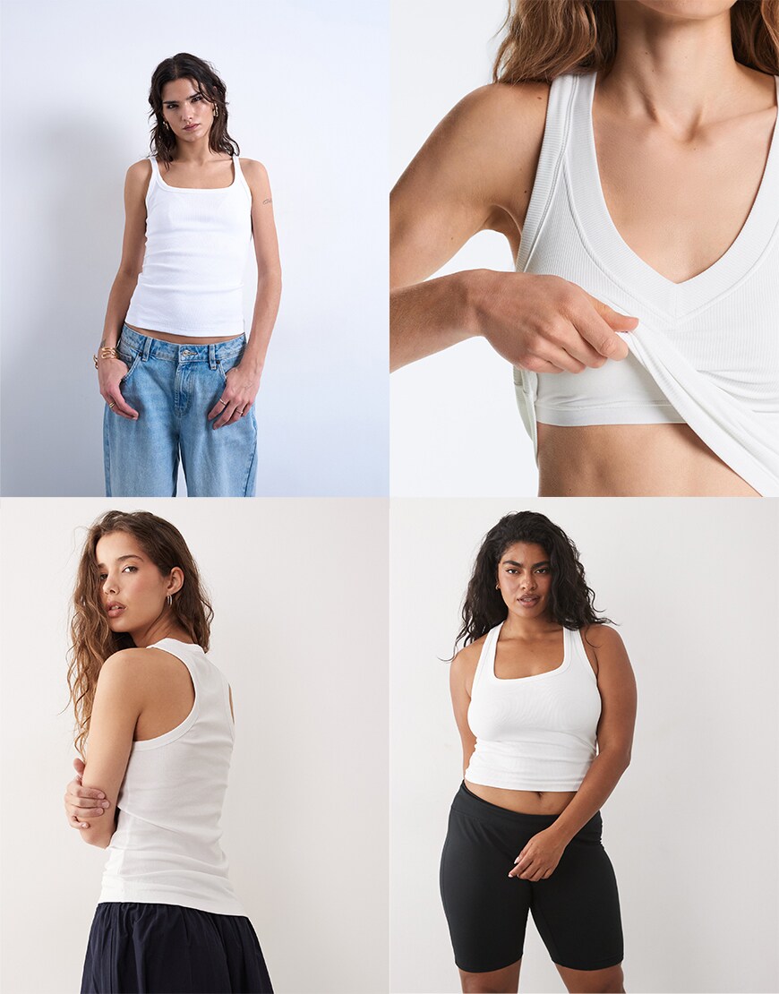 Collage of white tank tops