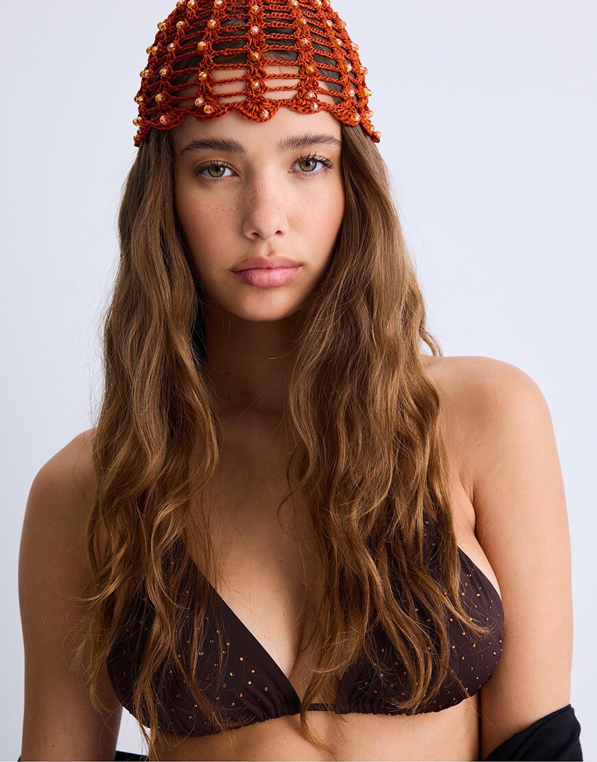 Stradivarius Crochet cap with rhinestones in orange | ASOS Style Feed