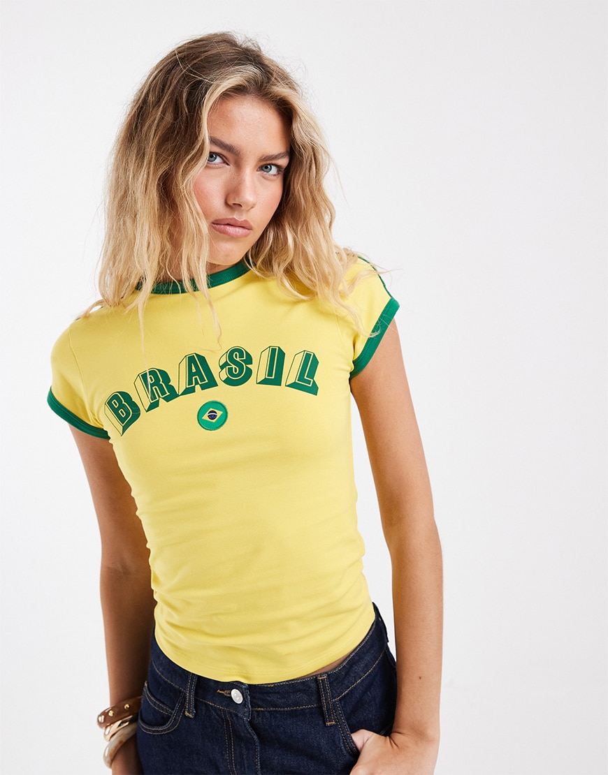 Woman wearing a 'Brasil' ringer tee