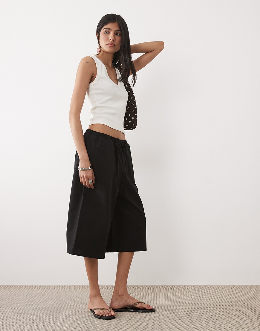 ASOS DESIGN long line bermuda short in black linen | ASOS Style Feed