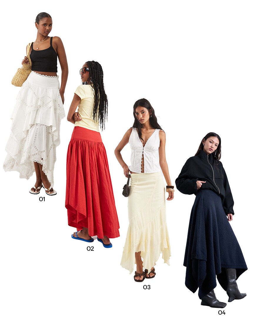 Collage of asymmetric maxi skirts