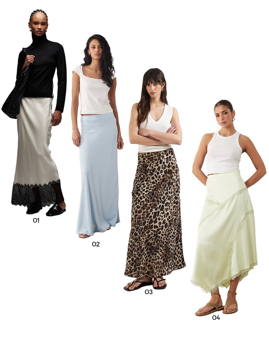 Collage of satin maxi skirts
