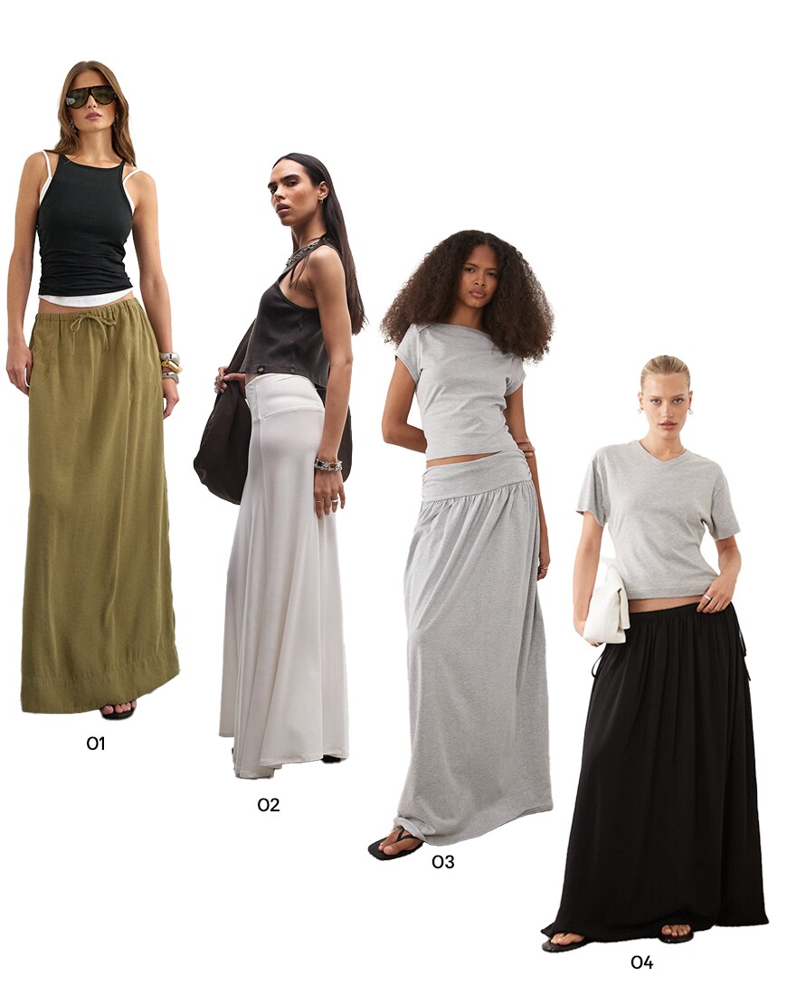 Collage of slouchy maxi skirts