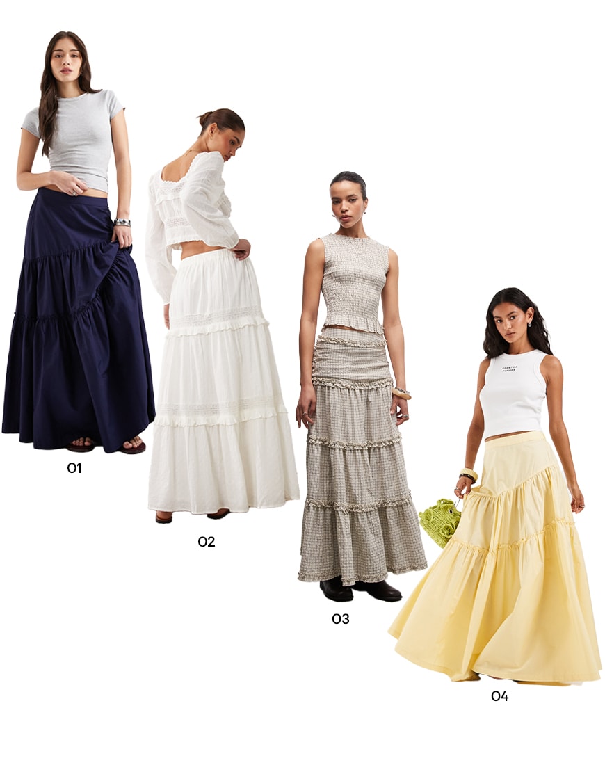 Collage of tiered maxi skirts