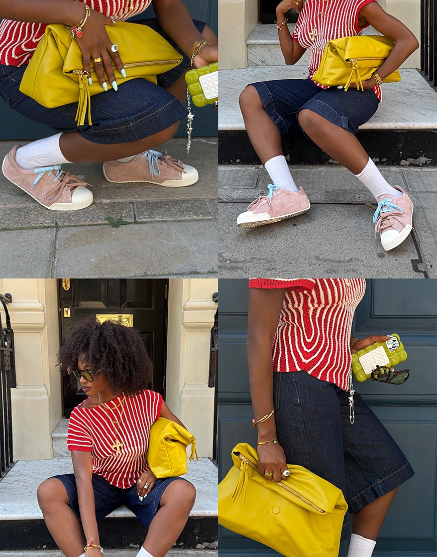 Collage of woman with a yellow bag