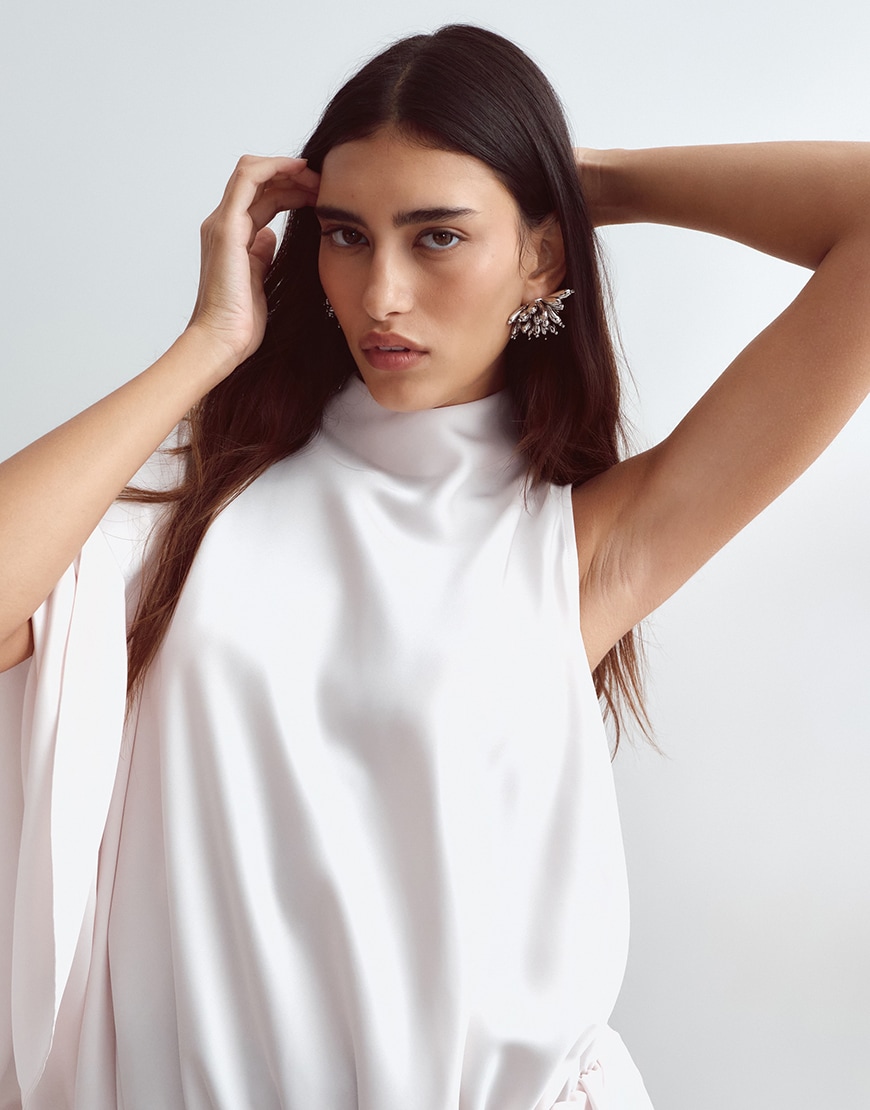 ARRANGE satin asymmetric tiered longline top in pearl | ASOS Style Feed