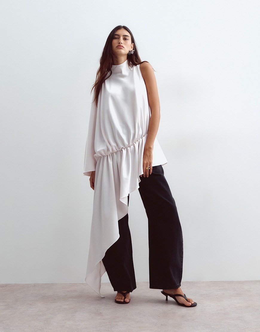 ARRANGE satin asymmetric tiered longline top in pearl | ASOS Style Feed