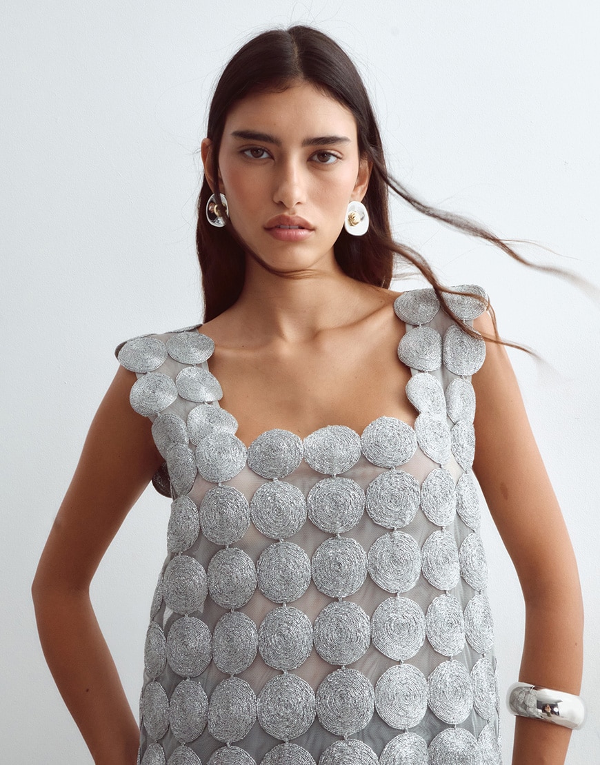 ARRANGE metallic embroidered circle fringe hem top in silver | ASOS Style Feed