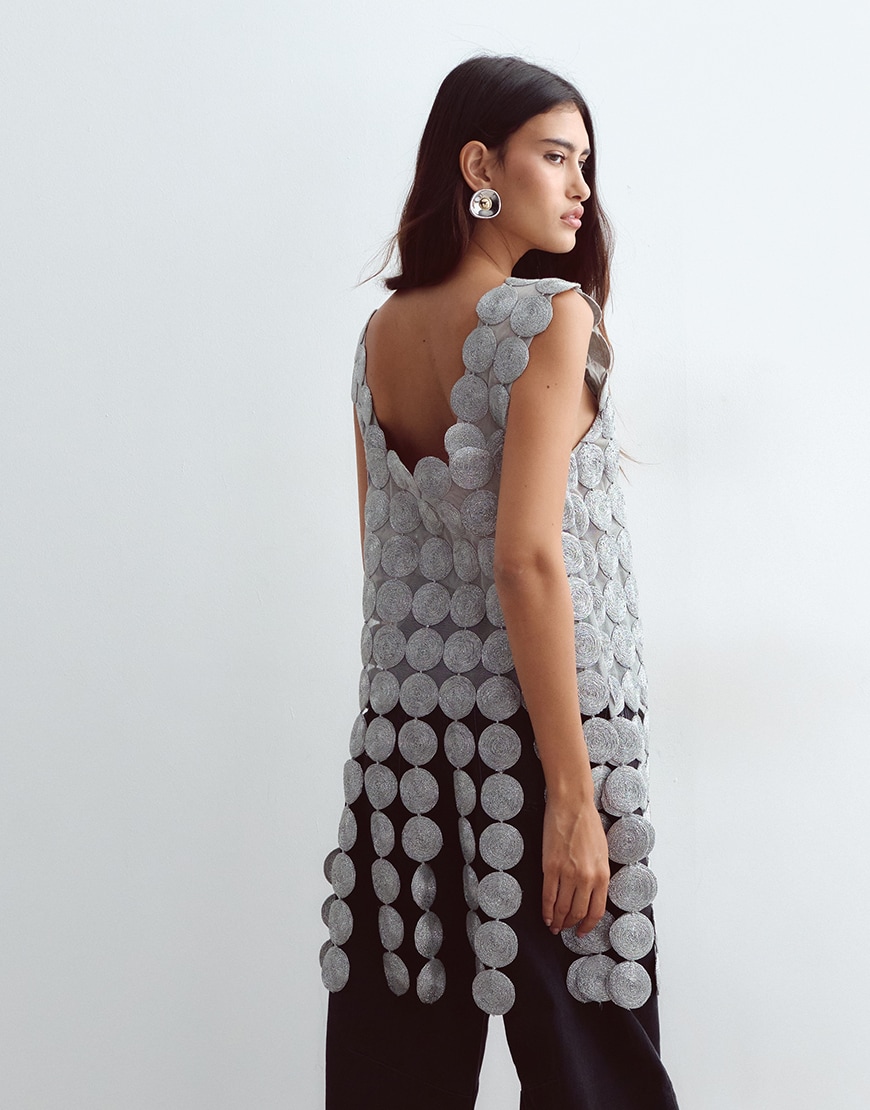 ARRANGE metallic embroidered circle fringe hem top in silver | ASOS Style Feed