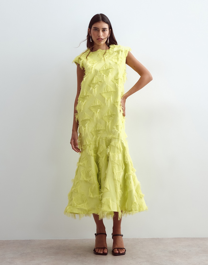 ARRANGE column maxi dress with flared hem in grid texture in lime | ASOS Style Feed