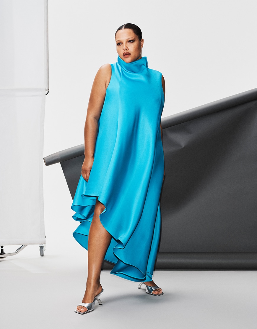 Woman wearing a blue dress