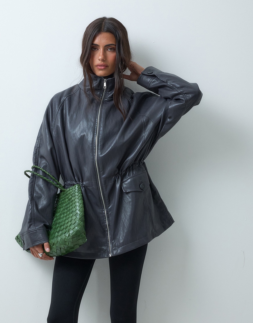 ASOS DESIGN cinched waist leather look harrington jacket in dark blue | ASOS Style Feed