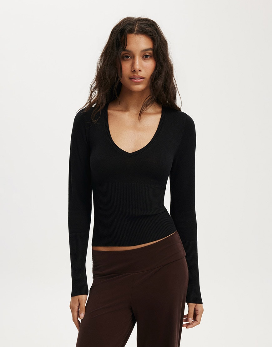 Cotton On Close knit v-neck top in black | ASOS Style Feed