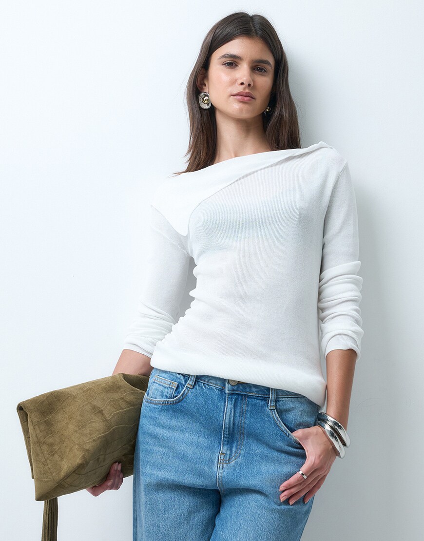 ASOS DESIGN fine knit off the shoulder ruched top in cream | ASOS Style Feed
