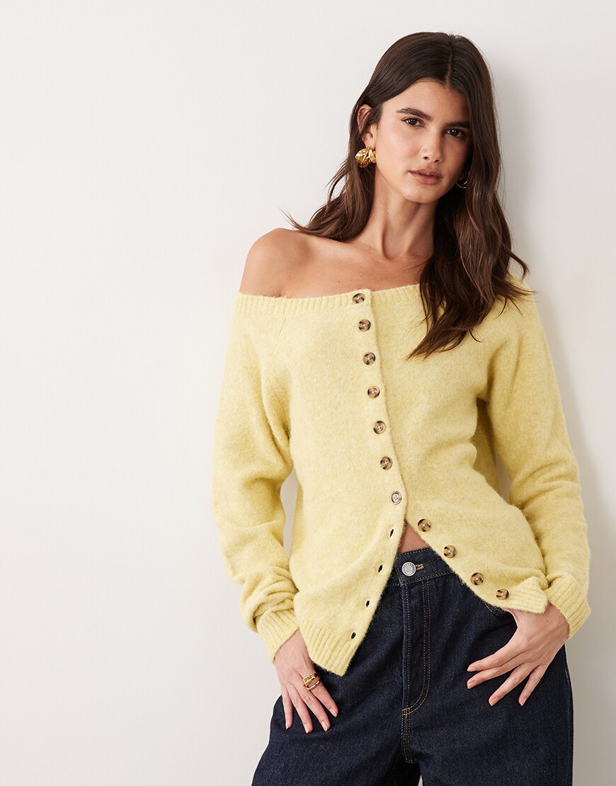 ASOS DESIGN off the shoulder cardigan in yellow | ASOS Style Feed