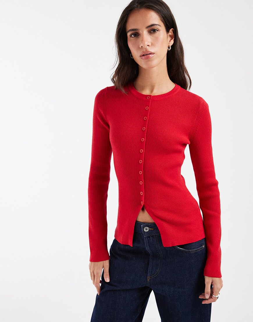 ASOS DESIGN fitted rib knit longline cardigan in red | ASOS Style Feed