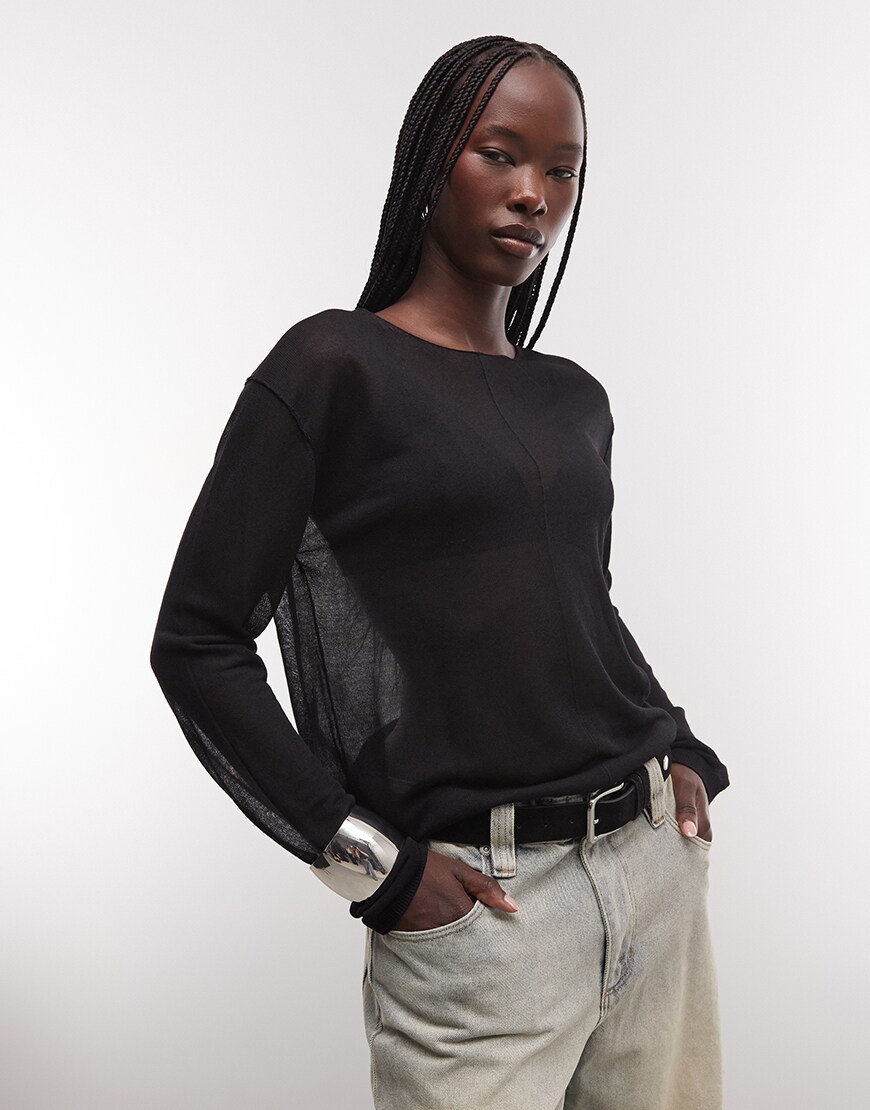 Weekday slash neck sheer knit top with front seam detail in black exclusive to ASOS | ASOS Style Feed