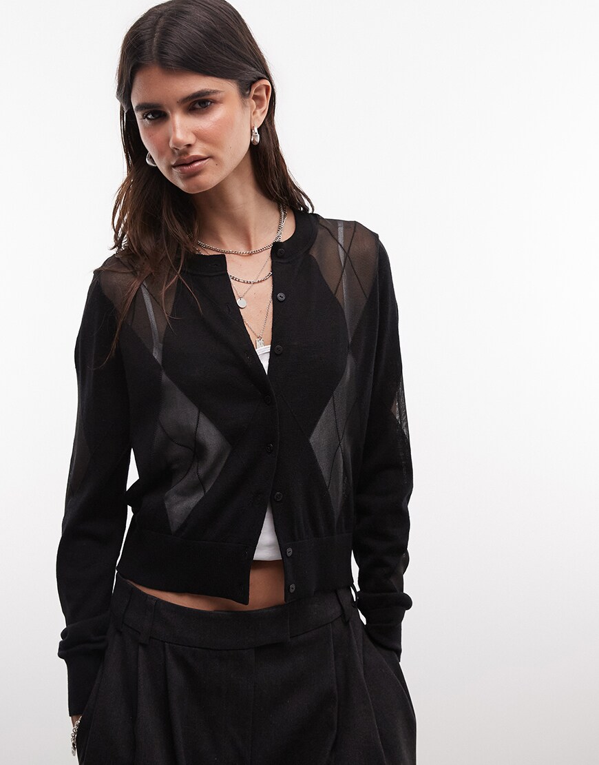 AllSaints Bern argyle mesh merino wool knit cardigan in black | ASOS Style Feed