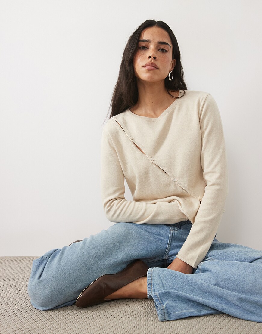 Mango Teen asymmetric button detail cardigan in sand | ASOS Style Feed