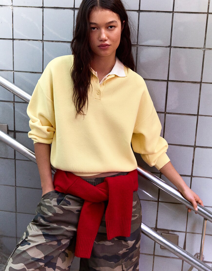 Bershka Oversize polo collar jumper in yellow | ASOS Style Feed