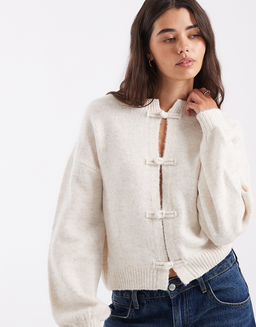ASOS DESIGN knitted mandarin detail cardigan in cream | ASOS Style Feed