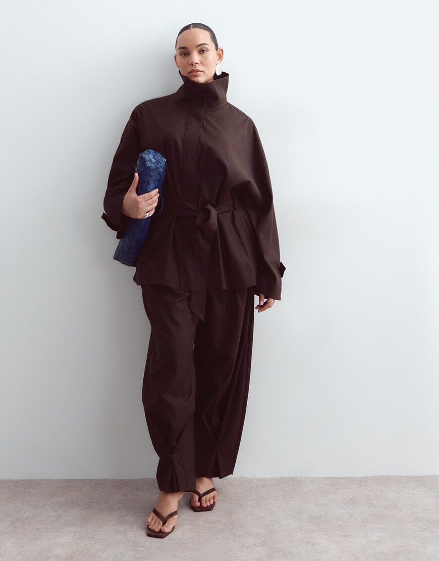 ARRANGE Curve funnel neck belted jacket co-ord in chocolate | ASOS Style Feed