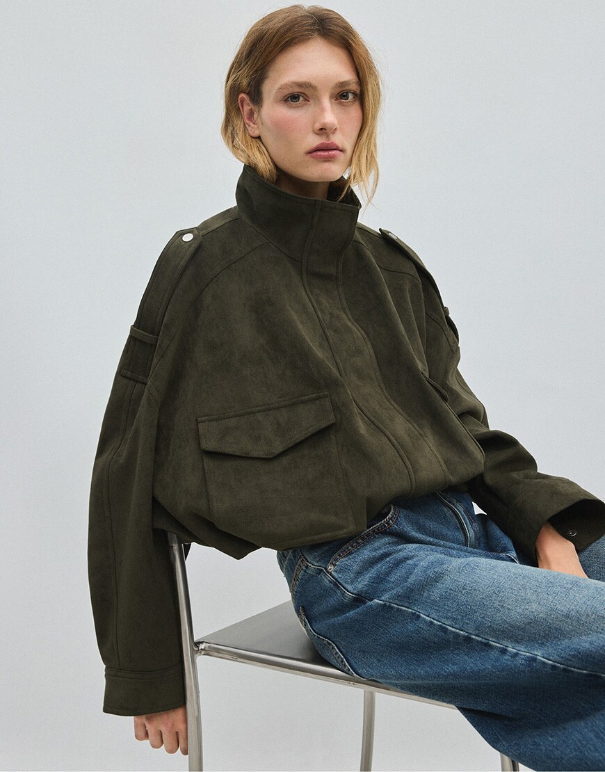Stradivarius Oversize faux suede jacket in khaki | ASOS Style Feed