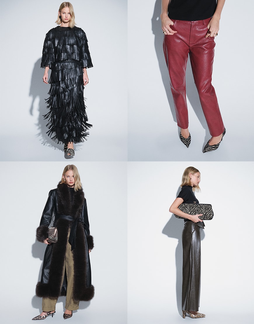 Collage of women wearing leather-look pieces